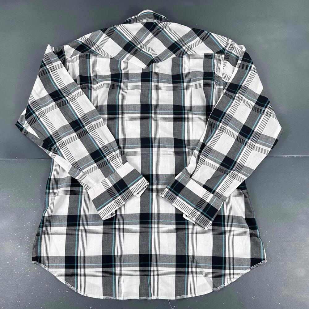VTG Wrangler Shirt Men Large White Black Turquoise Plaid Pearl Snap USA Made 90s - Picture 7 of 8